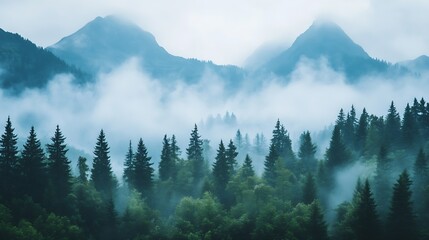 Poster - Misty mountain landscape with dense pine forest creating a mysterious and serene nature scene : Generative AI
