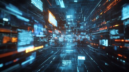 Leinwandbilder - Futuristic Data Flow Visualization in a 3D Graphic Network Tunnel : Generative AI