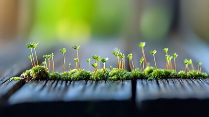 Poster - Closeup of Vibrant Moss Growing on Rustic Wooden Surface in Natural Light : Generative AI