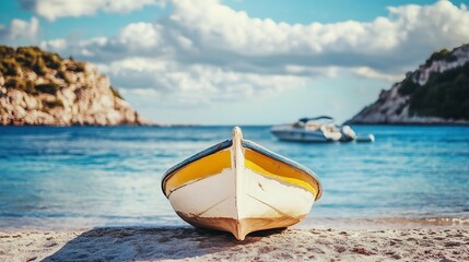 Poster - Sunny Beach Scene Featuring Yellow Boat on Sandy Shore with Blue Sea and Cloudy Sky : Generative AI
