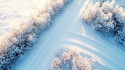 Poster - Aerial View of Snow Covered Trees and Roads During Winter Daytime for Scenic Landscape Photography : Generative AI