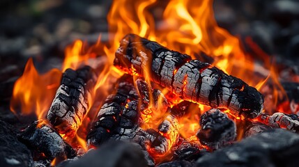 Aufkleber - Closeup of Burning Wood Emitting Vibrant Flames and Glowing Embers at Night Outdoors : Generative AI