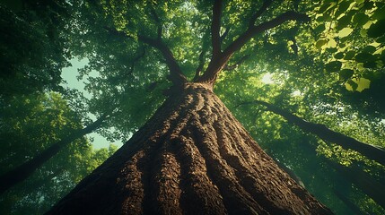 Poster - Majestic Old Oak Tree in Forest Landscape View From Ground : Generative AI