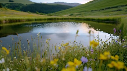Fototapete - Peaceful Mountain Pond with Wildflowers and Rolling Hills at Sunset : Generative AI