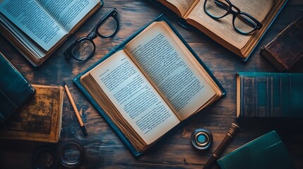Aufkleber - Vintage Books with Glasses on Wooden Table Perfect for Cozy Reading Ambience : Generative AI
