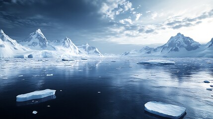 Poster - Tranquil Antarctic Seascape with Towering Snowy Mountains and Floating Ice Patches : Generative AI