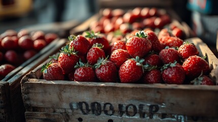 Poster - Pile of Fresh Red Strawberries in Rustic Wooden Crate at Market Stall : Generative AI