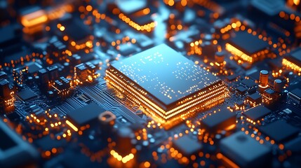 Poster - Macro shot of an illuminated circuit board with a centered glowing chip : Generative AI