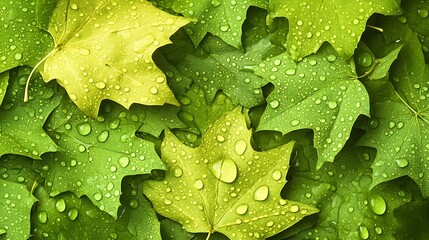 Aufkleber - Dense Green Maple Leaves with Dewdrops Lush Greenery Background : Generative AI