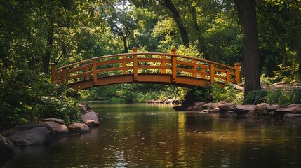 Poster - Charming Orange Wooden Bridge Amidst a Lush Green Summer Forest Setting : Generative AI