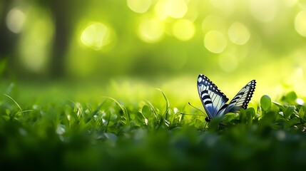 Aufkleber - Vibrant Butterfly Resting on Lush Green Grass in Sunlit Meadow : Generative AI