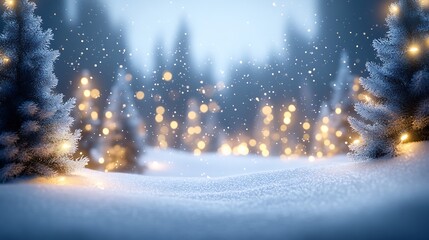 Poster - Enchanting Nighttime Winter Scene with Twinkling Fairy Lights and Snowy Landscape : Generative AI