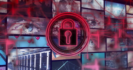 Poster - Image of padlock icon over digital interface with images