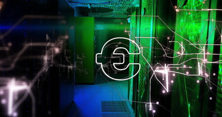 Poster - Image of euro symbol over server room