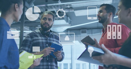 Poster - Image of digital business icons and data processing over diverse business people in office