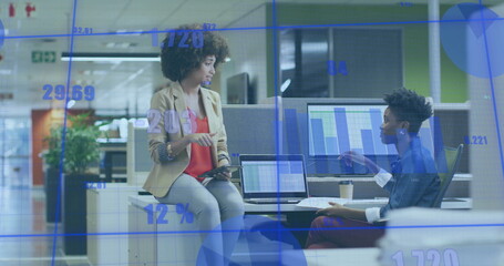 Poster - Image of financial data processing over diverse business people in office