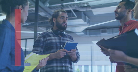 Poster - Image of financial data processing over diverse business people in office
