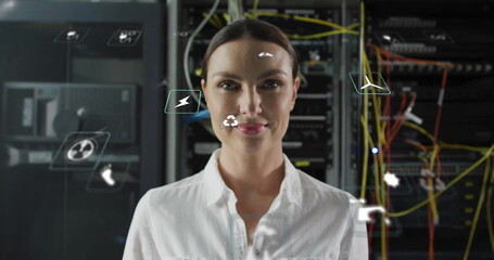Poster - Image of eco icons and data processing over caucasian businesswoman by computer servers