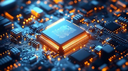 Leinwandbilder - Glowing orange microprocessor with detailed SMT components on circuitry board : Generative AI