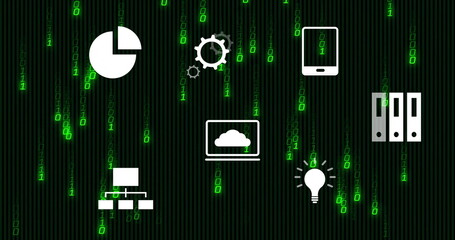 Poster - Technology icons including pie chart and light bulb over binary code image