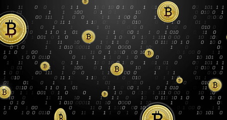 Poster - Bitcoin symbols with binary code image over dark background