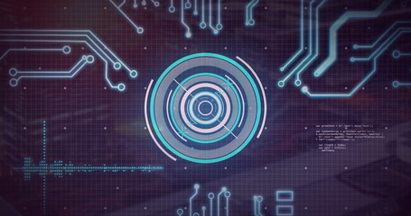Poster - Circuit board and digital target image over grid background
