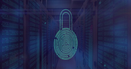 Poster - Fingerprint lock image over data servers in dimly lit room