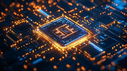 Leinwandbilder - Futuristic Circuit Board with Glowing Microchip in Blue and Orange Technology Background : Generative AI