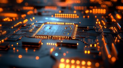 Leinwandbilder - Dark Futuristic Circuit Board with Dim Orange Accents and Microchip Details : Generative AI