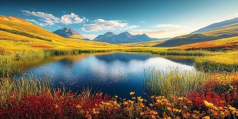 Poster - Alaskan Wilderness with Alpine Lake and Majestic Mountain Range in Autumn : Generative AI