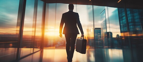 Leinwandbilder - Business executive silhouetted in office with sunset cityscape view representing future aspirations and goals : Generative AI