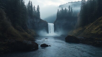Poster - Stunning Waterfall Cascade Amidst Misty Woodland Beauty and River Flow : Generative AI