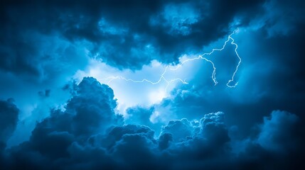 Aufkleber - Storm Clouds with Brilliant Lightning Illuminating Dark Blue Sky in Thunderous Night Scene : Generative AI