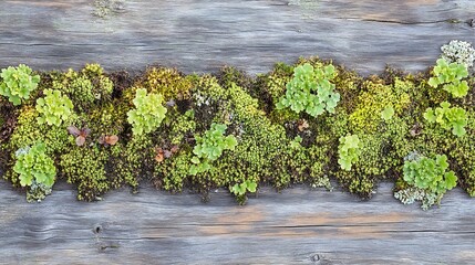 Poster - Vibrant Green Moss and Lichens Growing Across Aged Wooden Surface for Nature Background : Generative AI