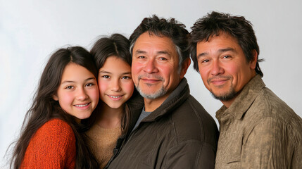 Diversity in family portrait: two asian adult males and two young females smiling together