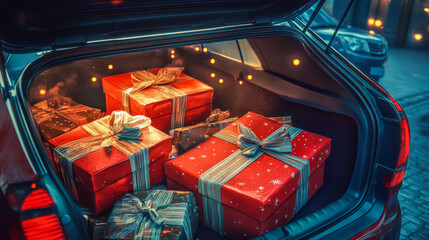 Wall Mural - Car trunk filled with festive red gift boxes tied with ribbons at night