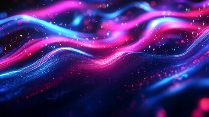 Wall Mural - Abstract digital art of glowing pink and blue waves with particles.