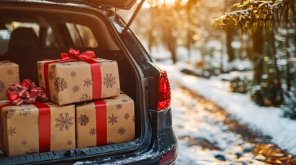 Wall Mural - Festive holiday gifts in car trunk during snowy winter day