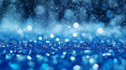 Poster - Closeup of Bouncing Raindrops in Vivid Bright Blue Lighting During Dramatic Rainfall : Generative AI