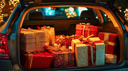 Wall Mural - Festive car trunk filled with wrapped christmas gifts on a holiday night