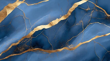 Leinwandbilder - Contemporary Blue and Gold Marble Surface with Abstract Artistic Veins : Generative AI