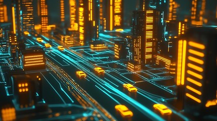 Poster - HighTech Urban Cityscape with Neon Circuitry and Vibrant Energy : Generative AI