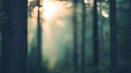 Poster - Serene Morning Light Filtering Through Mystic Forest Woodland Scene : Generative AI