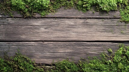 Poster - Mossy Wooden Plank with Natural Green Foliage and Organic Texture : Generative AI