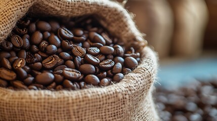 Poster - Sack of Fresh Coffee Beans Nestled in Burlap Sacks Representing Aroma and Premium Coffee Experience : Generative AI
