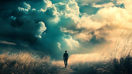 Poster - Silhouette of Lone Person Walking on Path under Dramatic Cloudy Sky at Sunset : Generative AI