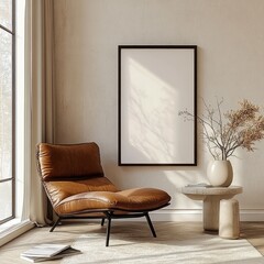 Poster - Minimalist interior scene modern brown leather chair soft natural lighting blank frame delicate vase Scandinavian design
