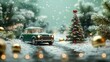 © Ahmad-Muslimin - Vintage Green Car Arriving at Snowy Christmas Tree