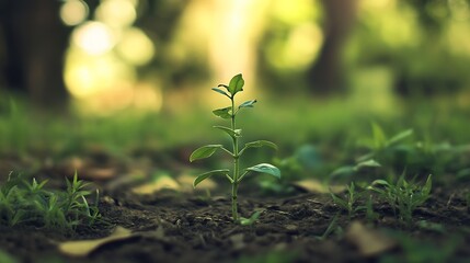 Poster - Young Sprout Emerging in Lush Green Forest Symbolizing New Beginnings : Generative AI