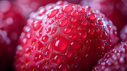 Wall Mural - Fresh red raspberries with water droplets close-up